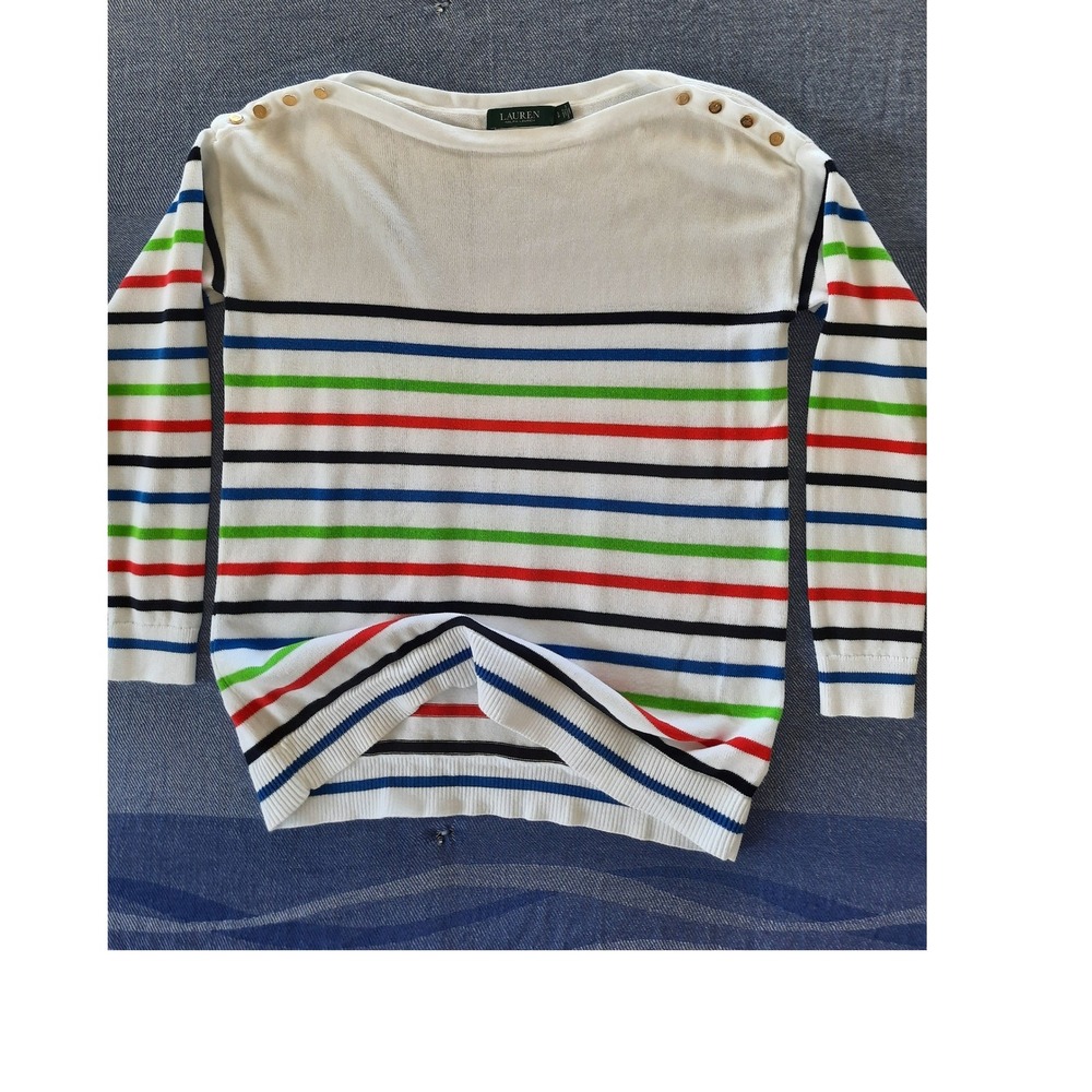 Lauren Ralph Lauren Womens Striped Cotton Knit Sweater Shoulder Golden Button S